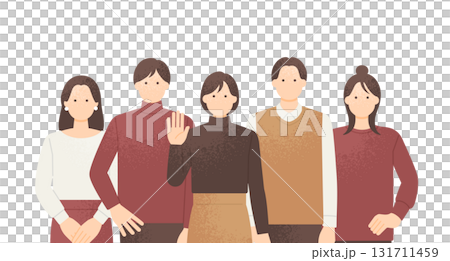 楽しそうにポーズをとる秋服の男女5人グループ 上半身イラストセット 楽しそうにポーズをとる秋服の男女5人グループ 上半身イラストセット 131711459