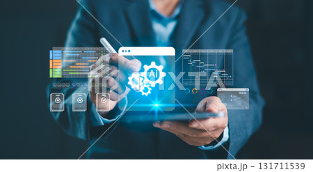 Futuristic AI technology for business project management, data analysis and workflow automation. Innovation in artificial intelligence solutions for digital transformation. project management. 131711539