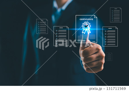 Businesswoman shows approved certificate and checklist document online, representing concept of top service, quality management, adherence to ISO standards globally trusted certificate in business. 131711569