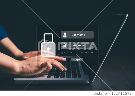 User accesses secure internet system through advanced high technology, username, password, ensuring encryption, strong cybersecurity for information security. using biometric identification 131711575