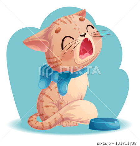 A cute hungry cat is sitting next to an empty bowl. A charming animal with a bow around its neck. Isolated vector illustration for design, prints and patterns. A cute hungry cat is sitting next to an empty bowl. A charming animal with a bow around its neck. Isolated vector illustration for design, prints and patterns. 131711739