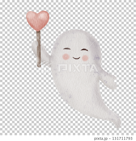 Watercolor Halloween ghost holding Heart shaped Lollipop on a stick. Hand painted cute white ghost isolated on white. Ideal for Halloween and Valentines Day card or poster design. 131711793