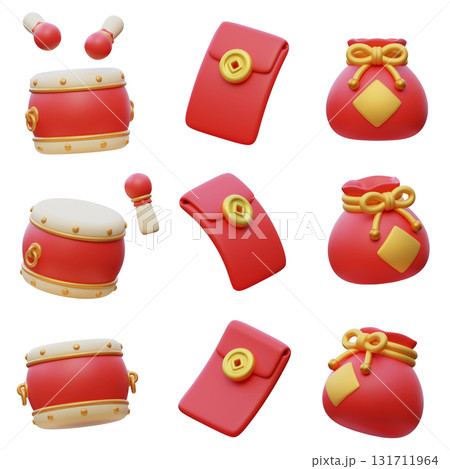 Chinese new year Drum, money envelope, lucky bag 3D Icon 131711964