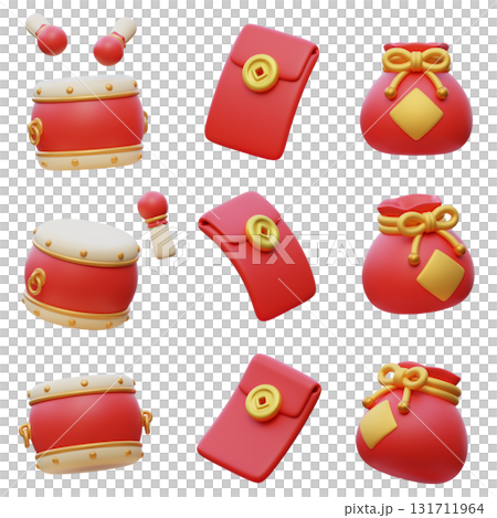 Chinese new year Drum, money envelope, lucky bag 3D Icon 131711964