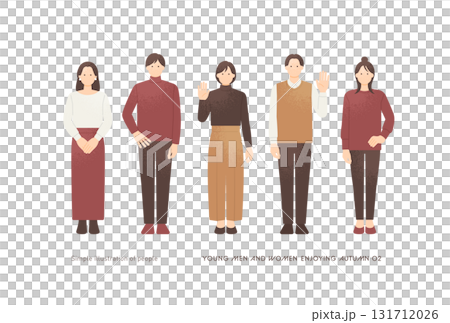Group of five men and women in autumn clothes taking various poses Full body vector illustration set 131712026