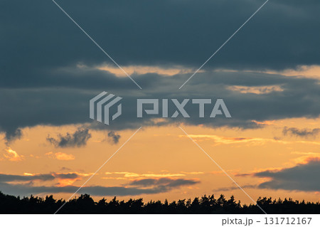 Dramatic sunset with dark clouds over a silhouette of trees in a tranquil natural setting during dusk 131712167