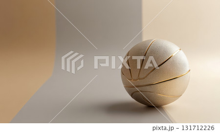 Luxurious gold basketball on minimalist beige background, elegant sporty design 131712226
