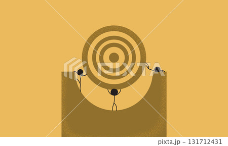 Hand-Drawn Stick Figure Illustration of a Group of People Trying and Working Together to Align and Balance a Shooting Target 131712431