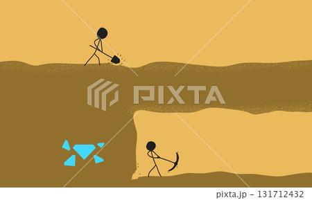 Illustration of Two People Digging the Ground from Different Directions to Find Diamonds Illustration of Two People Digging the Ground from Different Directions to Find Diamonds 131712432