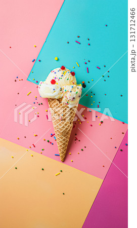 Scoops of ice cream in a waffle cone on colorful background 131712466