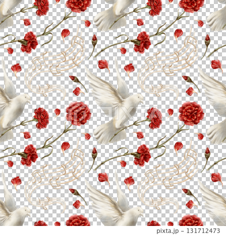 White pigeon soaring in air with red carnation,petals,bud,music stand with stylized beige-colored notes.Dove spread its wings as a symbol of the revolution's peaceful nature.Watercolor illustration White pigeon soaring in air with red carnation,petals,bud,music stand with stylized beige-colored notes.Dove spread its wings as a symbol of the revolution's peaceful nature.Watercolor illustration 131712473