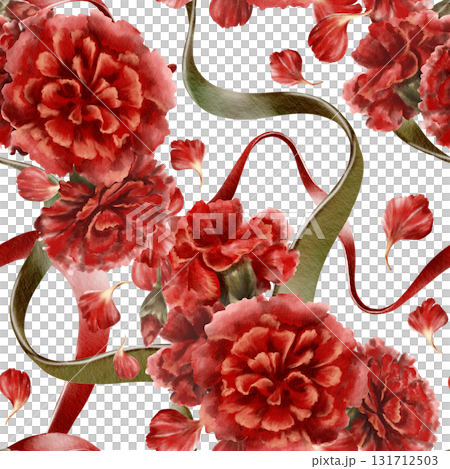 Portuguese revolution of carnations symbols red flower with ribbons colored national flag symbolizing freedom,peaceful change in the nation's life,and democracy.Watercolor hand drawn seamless pattern 131712503