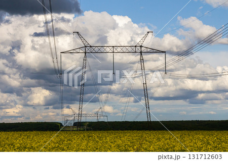 Electricity transmission towers stand against a backdrop of cloudy skies above a vibrant yellow field during the day near a rural area Electricity transmission towers stand against a backdrop of cloudy skies above a vibrant yellow field during the day near a rural area 131712603