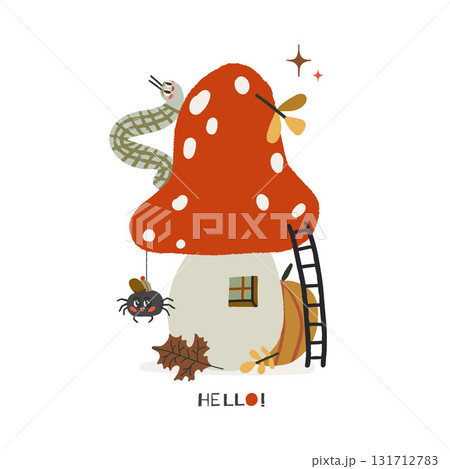 Hello lettering. Vector illustration cute mushroom house with caterpillar and spider, leaves and pumpkin Hello lettering. Vector illustration cute mushroom house with caterpillar and spider, leaves and pumpkin 131712783