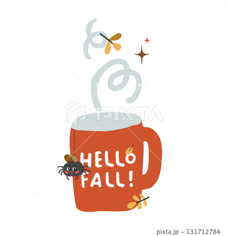 Hello fall lettering. Vector illustration cute mug with hot tea, cocoa leaves and a cute spider Hello fall lettering. Vector illustration cute mug with hot tea, cocoa leaves and a cute spider 131712784