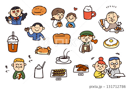 パン屋と人物のイラストセット パン屋と人物のイラストセット 131712786