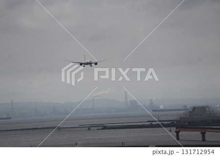 着陸態勢の飛行機と霞む空と工場地帯と山と海の見える風景 131712954