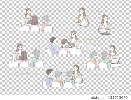 スーツを着た女性に相談するシニア夫婦と家族のイラストセット スーツを着た女性に相談するシニア夫婦と家族のイラストセット 131713070