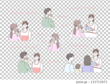 Illustration set of a family consulting a female nursery teacher 131713071