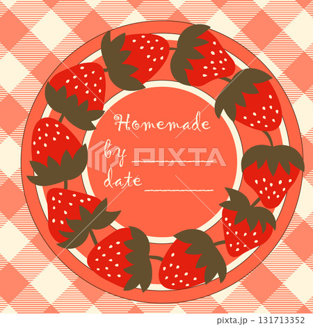 Template jam label design. Retro homemade label. Strawberry marmalade dessert product. Doodle vector illustration 131713352