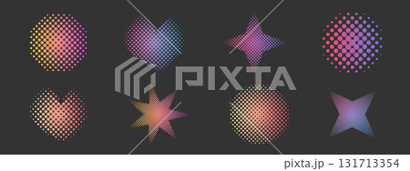 Halftone abstract geometric set dotted y2k trendy decoration. Gradient retro pixel, grain effect. Pop art style dotted hearts, isolated on white  131713354