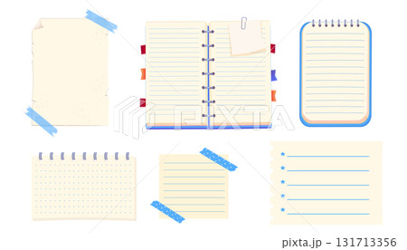 Notes sheet, pages. bulletin paper, lined list set, notebook office or school blank notebook for homework and exercises. Sticky stickers reminders, notebook clippings, stationery, planner,  131713356