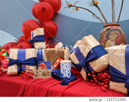 Vietnamese Tet Holiday Decoration with Gift Boxes and Lanterns 131713390