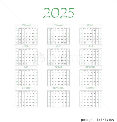 2025 calendar planner. Corporate week. Template layout, 12 months yearly, white background. Simple design for business brochure, flyer, print media, advertisement. Week starts from Monday 2025 calendar planner. Corporate week. Template layout, 12 months yearly, white background. Simple design for business brochure, flyer, print media, advertisement. Week starts from Monday 131713409