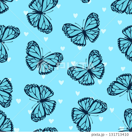 Seamless pattern with funny colorful Butterflies, flowers. Color flat vector illustration for invitation, poster, card, textile, fabric. Butterfly graphic design print. Trendy animal motif wallpaper 131713410