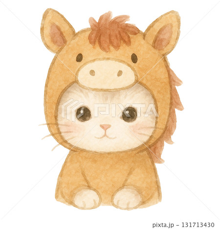 【正月】馬の被り物をした子猫のイラスト/午年 131713430