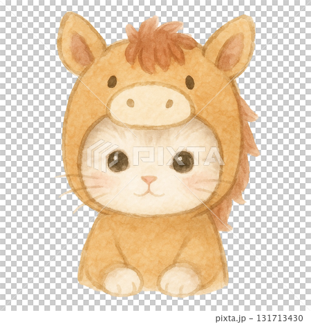 【正月】馬の被り物をした子猫のイラスト/午年 131713430