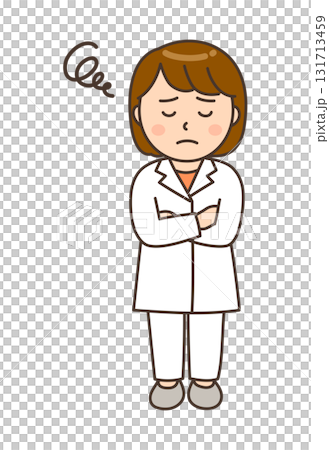 Illustration of a worried young female pharmacist with her arms crossed Illustration of a worried young female pharmacist with her arms crossed 131713459