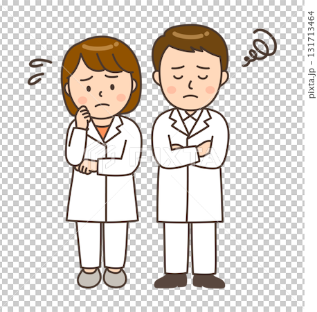 Illustration of a worried young male and female pharmacist Illustration of a worried young male and female pharmacist 131713464