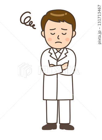 腕を組んで悩んでいる若い男性薬剤師のイラスト 131713467