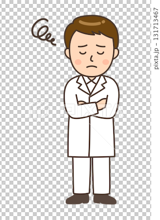 腕を組んで悩んでいる若い男性薬剤師のイラスト 131713467