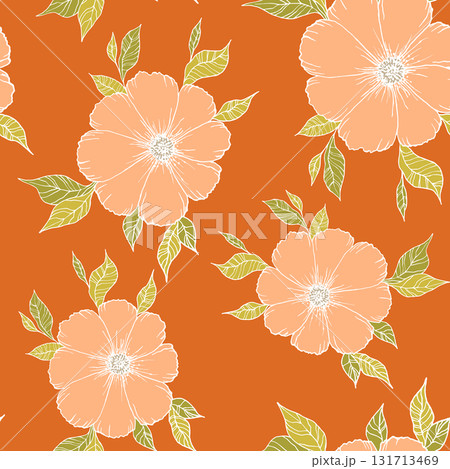 Seamless blooming floral pattern based on hand drawn art ornaments. Colorful flowers on color background. Vector illustration. Simple minimalistic pattern for fabric, textile 131713469