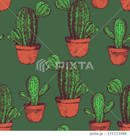 Seamless pattern with cacti, blooming succulent on color background. Vector hand drawn illustration for packaging, fabric, textile. Wild west cactus, western concept 131713486