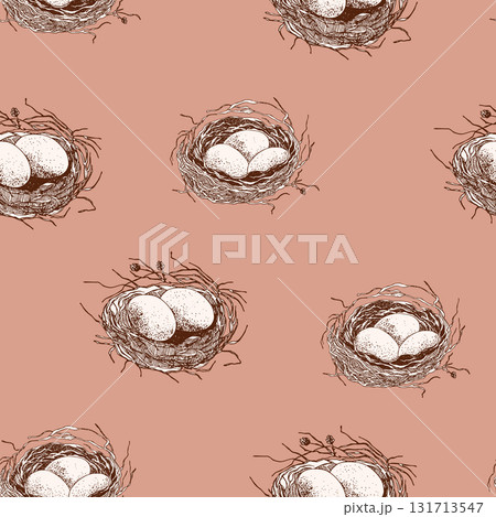Spring seamless pattern with Bird nest with eggs. Easter hand drawn vector illustration, holiday design Spring seamless pattern with Bird nest with eggs. Easter hand drawn vector illustration, holiday design 131713547