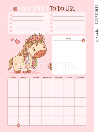 Spring to do list. Cute Little Horse Girl with Flower Wreath. Organizer planner for Month grid, To-Do, memo and Note. Kids Vertical Pink Template with Romantic kawaii pony. Vector illustration. Not AI Spring to do list. Cute Little Horse Girl with Flower Wreath. Organizer planner for Month grid, To-Do, memo and Note. Kids Vertical Pink Template with Romantic kawaii pony. Vector illustration. Not AI 131713633
