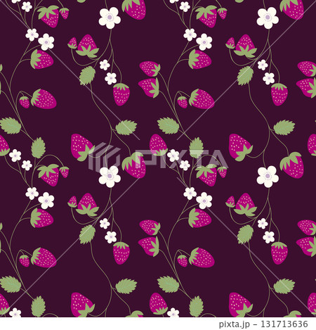 Seamless pattern with strawberry on color background. Natural delicious fresh ripe tasty fruit. Vector illustration for print, fabric, textile, banner, other design. Food concept. 131713636