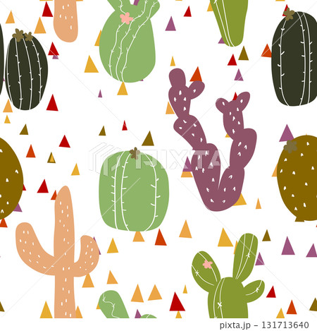 Seamless pattern with cactus with thorns, succulent on color background. Vector drawing illustration for icon, game, packaging, fabric, textile. Wild west, western, cowboy concept 131713640