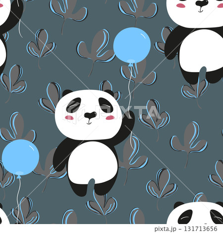 Seamless pattern with cute panda baby on color background. Funny asian animals. Card, postcards for kids. Flat vector illustration for fabric, textile, wallpaper, poster, gift wrapping paper Seamless pattern with cute panda baby on color background. Funny asian animals. Card, postcards for kids. Flat vector illustration for fabric, textile, wallpaper, poster, gift wrapping paper 131713656