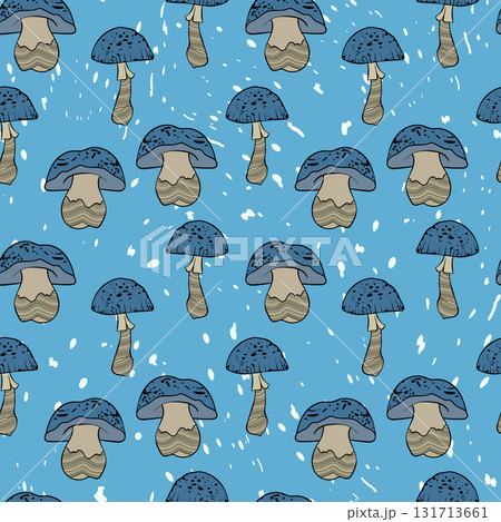 Seamless pattern with mushrooms. Hand drawn vector illustration. Vegan food menu. Poisonous and edible mushroom. Autumn mushroom picking, forest plant sketches 131713661
