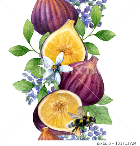 Watercolor border of figs, leaves, flowers and bumblebees. Good for postcards, recipes, menu, invitations, greeting cards. 131713724