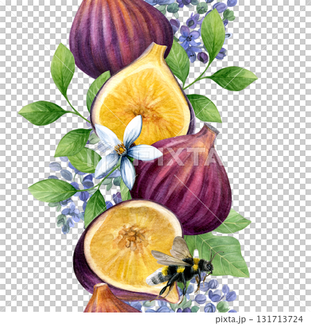 Watercolor border of figs, leaves, flowers and bumblebees. Good for postcards, recipes, menu, invitations, greeting cards. 131713724