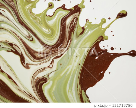 Abstract fluid art with chocolate. Dynamic waves of melted brown, white, and green cream create a beautiful liquid marble texture. Modern art background. 131713780