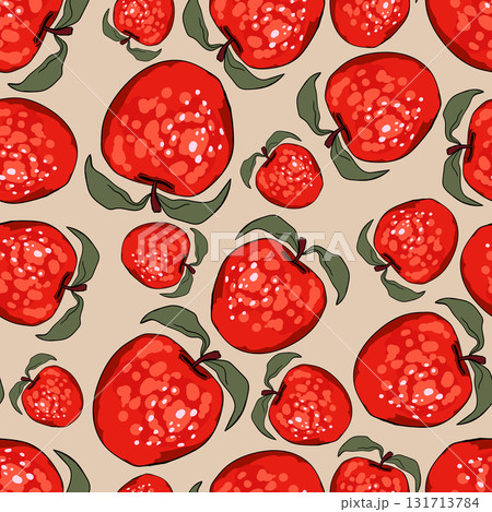 Seamless pattern with apple on color background. Natural delicious fresh ripe tasty fruit. Vector illustration for print, fabric, textile, banner, design. Stylized apples with leaves. Food concept 131713784