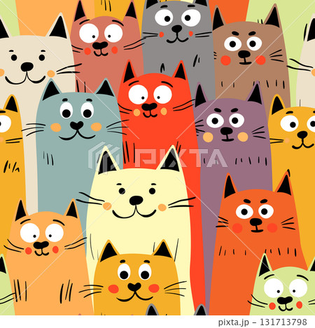 Seamless pattern with cute kitten print. Different scandy cats on color background. Scandinavian style illustration for kids. Vector illustration for fabric, textile, wallpaper, home clothing, pajama 131713798