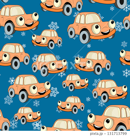 Seamless pattern with cute car on color background. Cartoot transport. Vector illustration. Doodle style. Design for baby print, invitation, poster, card, fabric, textile 131713799