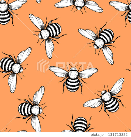 Seamless pattern with bees on color background. Small wasp. Vector illustration. Adorable cartoon character. Template design for invitation, cards, textile, fabric. Doodle style 131713822